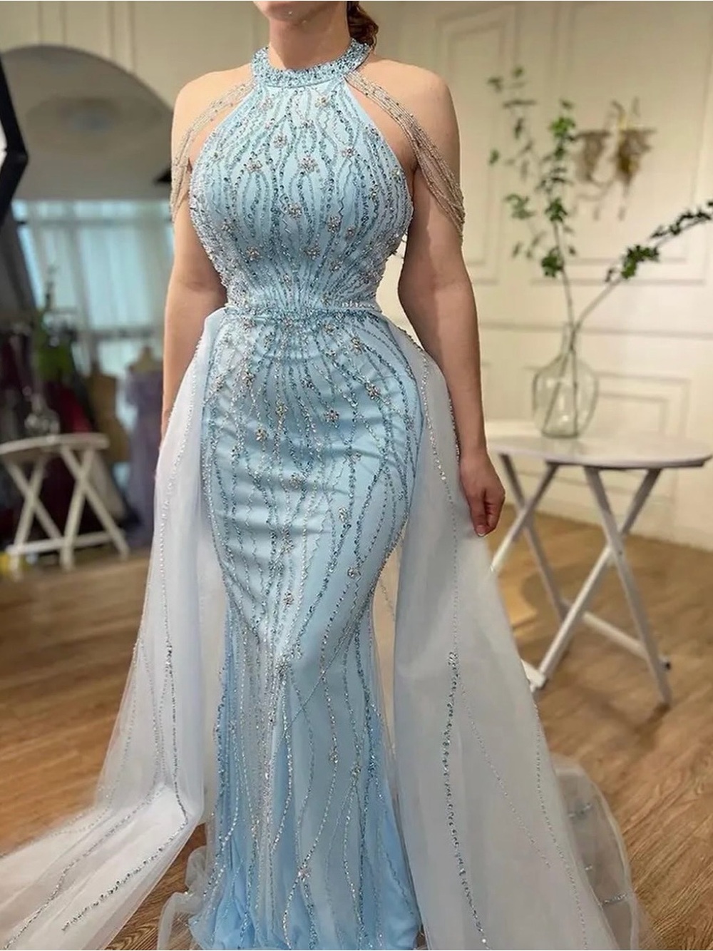 Unk Light Blue Beaded Halter Prom Gown